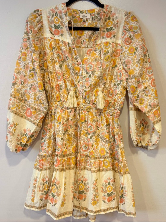 Elan Dresses & Skirts - ELAN Monterey Print Tie Neck Long Sleeve Mini Dress Floral Boho Cream Yellow S